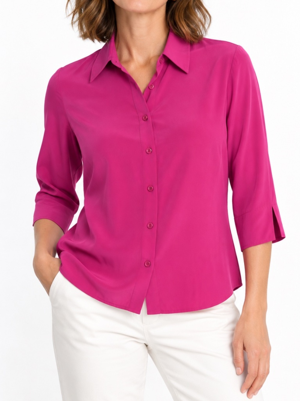 WinterSilks 95% Silk Fuchsia Button-Up Blouse PS